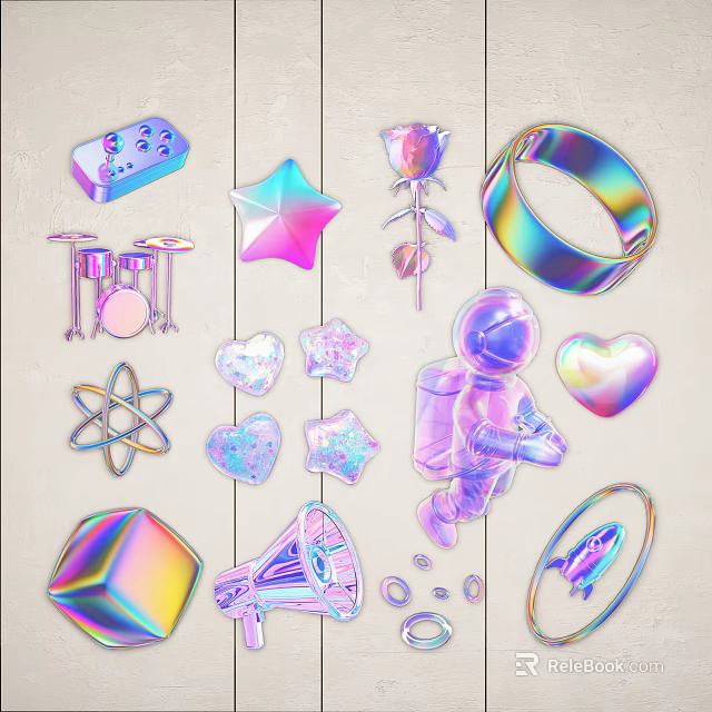 Shiny Iridescent Wall Decor With Astronaut Star Heart Rose And Geometric Shapes 3d model 