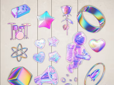 Shiny Iridescent Wall Decor With Astronaut Star Heart Rose And Geometric Shapes 3d model
