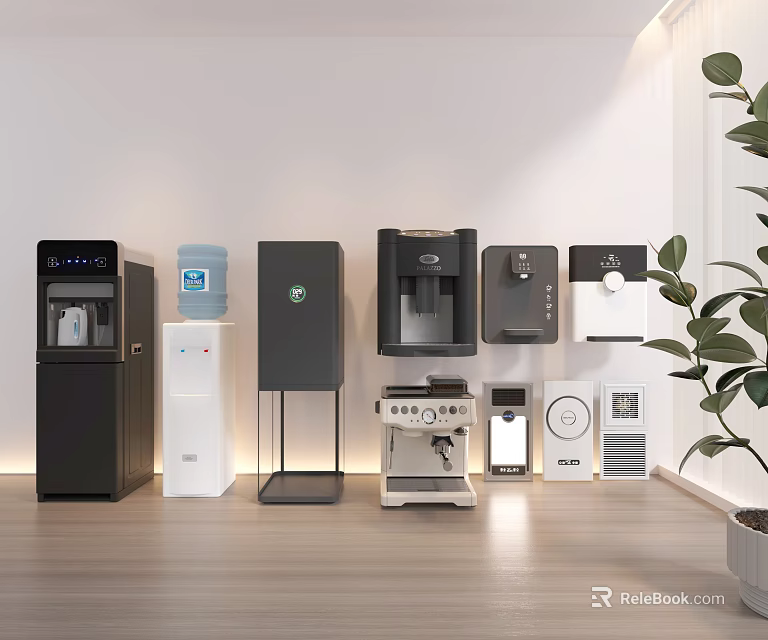 Smart Machines In Modern Interior Featuring Various Water Dispensers Coffee Makers And Small Appliances 3d model 