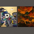 Two Piece Colorful Abstract And Red Orange Mountain Landscape Canvas Wall Art