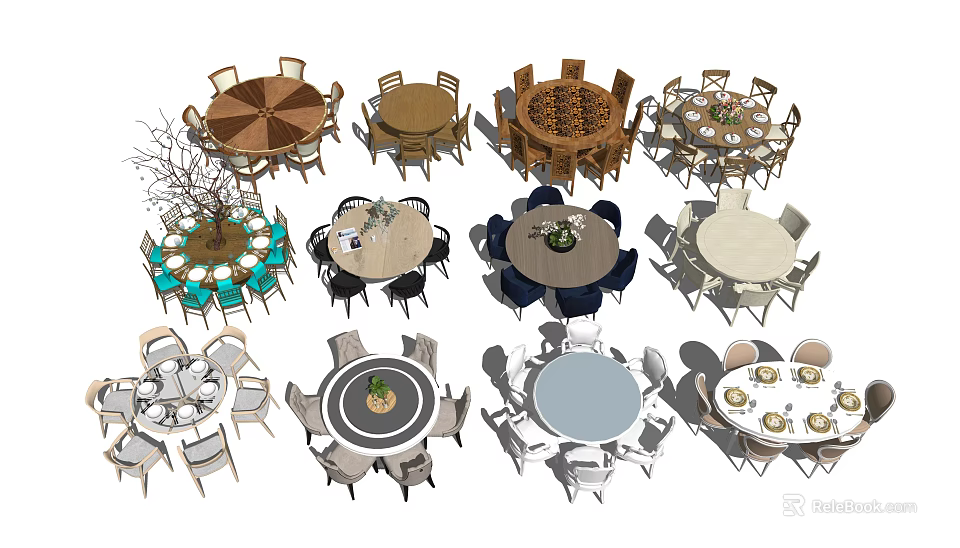 Diverse Modern Dining Table Sets With Round Tables Different Chair Designs And Wooden Tops 3d model 