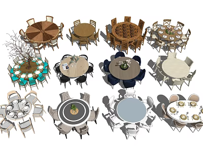 Diverse Modern Dining Table Sets With Round Tables Different Chair Designs And Wooden Tops 3d model
