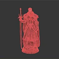 Man In Black Armor With Red Cape Holding Spear On Detailed Pedestal
