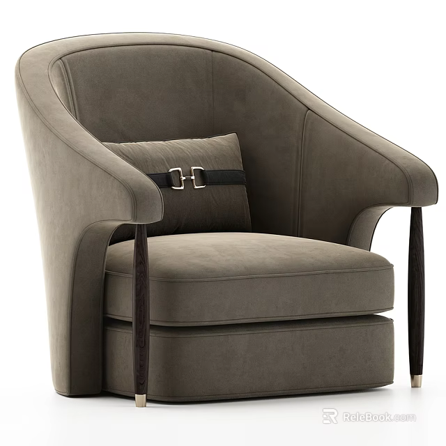 Elegant Modern Gray Velvet Armchair With Decorative Pillow And Wooden Legs 3d model 
