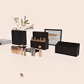 Elegant Perfume Cosmetics Collection With Gold Bottles Black Packaging Brand Cards And Decorative Plants