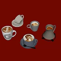 Assorted Coffee Drinks With Latte Art In Cups And Coffee Pot On Red Background 3d model