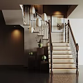 Staircase With Wooden Handrail White Steps Pendant Lights And Decorative Painting In Modern Interior