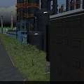 Modern Industrial Factory Building With Tall Structures Pipes Chimneys Trees And Road