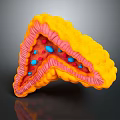 3D Rendered Biological Tissue Section Featuring Yellow Outer Layer Pink Middle and Blue Red Particles