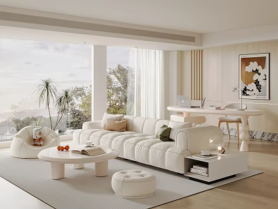 Modern Living Dining Room Interior With White Sofa Round Coffee Table Dining Table And Decorative Painting 3d model
