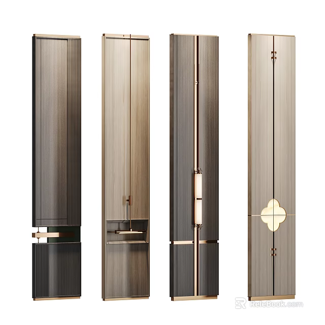Elegant Modern Wooden Screen Partition With Gold Metal Details And Geometric Patterns 3d model 