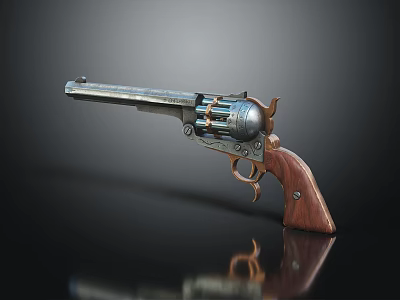 Vintage Revolver Weapon With Shiny Metal Barrel Wooden Grip And Rotating Cylinder 3d model