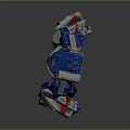 Blue And Black Mechanical Robot Character With Red Silver Details And Glowing Chest Emblem