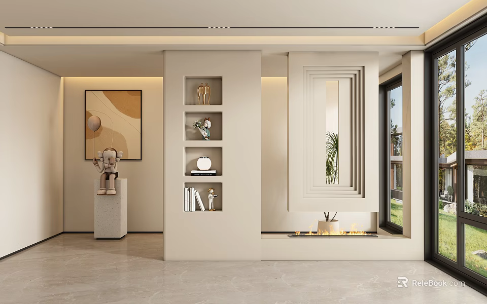 Light Colored Foyer Hallway Interior With Decorative Painting Open Shelves Mirror And Potted Plant 3d model 