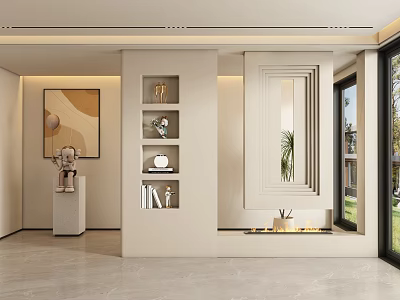 Light Colored Foyer Hallway Interior With Decorative Painting Open Shelves Mirror And Potted Plant 3d model