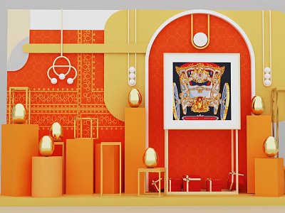 Artistic Red Gold Interactive Zone With Arch Display Stands Golden Spheres And Framed Artwork 3d model