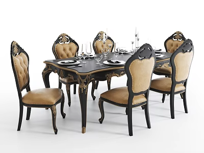 Classic Dark Wood Dining Table Set With 6 Light Upholstered Chairs And Dinnerware Candle Holders 3d model