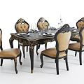 Classic Dark Wood Dining Table Set With 6 Light Upholstered Chairs And Dinnerware Candle Holders