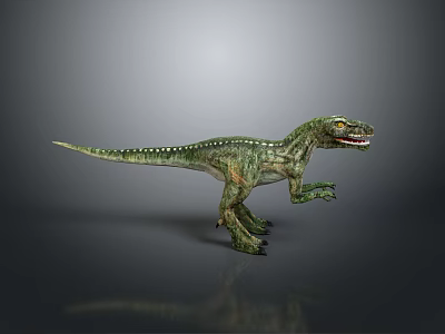 Green Spotted Dinosaur Model In Standing Pose With Gray Gradient Background And Reflection 3d model