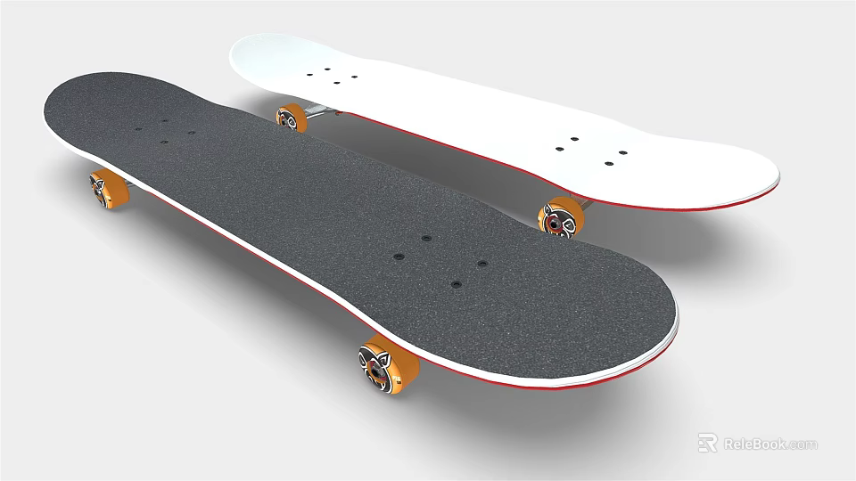 High Quality Skateboard Sports Equipment With Black White Deck And Orange Wheels 3d model 
