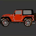Red Off Road Jeep Style Vehicle With Black Roof Open Top And Large Tires