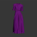 Stylish Purple V neck Dress with Puffed Sleeves Waist Belt and Long Length Design