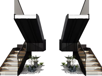 Modern Symmetric Staircase With Marble Steps Black Railings And Green Plants 3d model