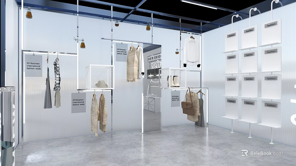 Modern Retail Clothing Display Interior With Hanging Apparel White Shelves And Mirrors 3d model 