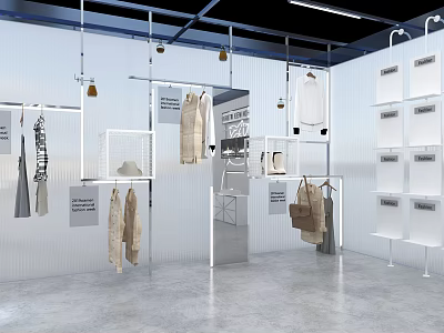 Modern Retail Clothing Display Interior With Hanging Apparel White Shelves And Mirrors 3d model