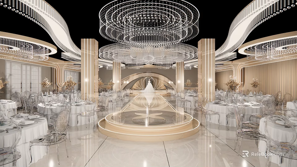 Luxurious Banquet Hall with Crystal Chandeliers White Gold Decor Round Tables White Chairs and Central Stage 3d model 