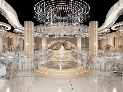 Luxurious Banquet Hall with Crystal Chandeliers White Gold Decor Round Tables White Chairs and Central Stage 3d model