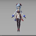 Anime Style Female Character With Blue Hair White Costume Purple Stockings And Red Shoes