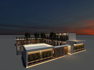 Modern Boutique Guesthouse Building Featuring Illuminated Courtyard Stone Facade And Green Trees 3d model