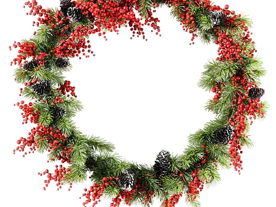 Festive Christmas Wreath With Green Pine Branches Red Berries And Black Pine Cones 3d model