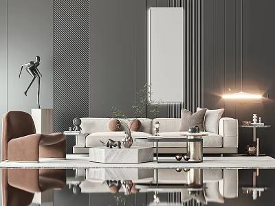Stylish Modern Beige Sofa Coffee Table Set With Marble Top And Accent Chair Decorative Plant 3d model