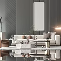 Stylish Modern Beige Sofa Coffee Table Set With Marble Top And Accent Chair Decorative Plant