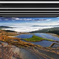 Modern Entrance Metal Frame Structure Person Standing Viewing Scenery Blue Sky White Clouds Mountains