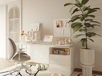White Modern Desk with Laptop Small Decor Pegboard Wall Chair Large Plant and Organized Drawers 3d model