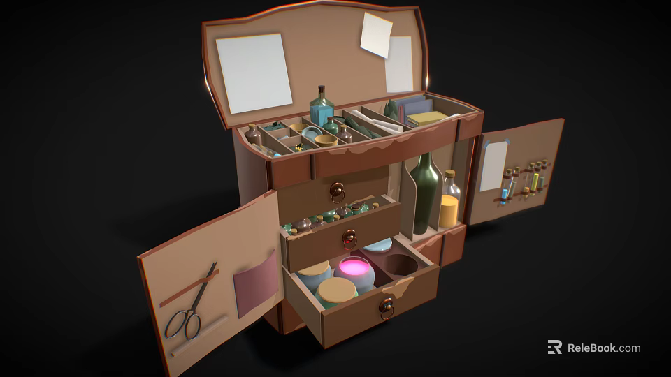 Open Multi Compartment Storage Case With Drawers Cosmetic Tools And Bottles 3d model