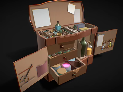 Open Multi Compartment Storage Case With Drawers Cosmetic Tools And Bottles 3d model