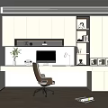 Modern Home Office Interior With White Cabinets Computer Desk Wooden Floor Window And Decorative Paintings