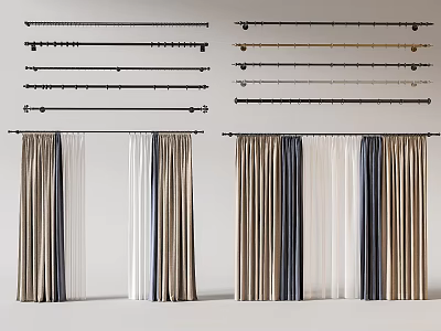 Modern Curtain Accessories With Various Metal Curtain Rods And Matching Curtain Panels 3d model