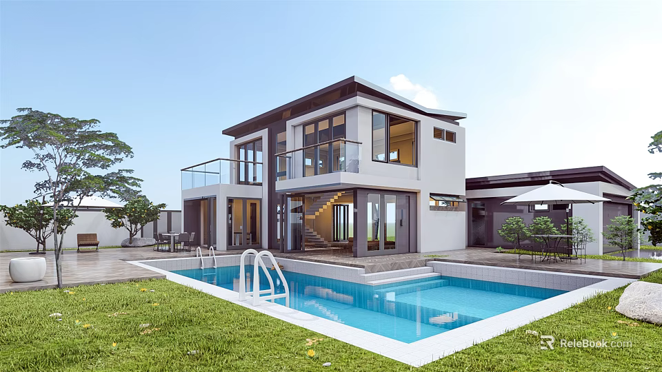 Modern Style Detached Villa with Swimming Pool Large Windows Balcony and Lawn 3d model 