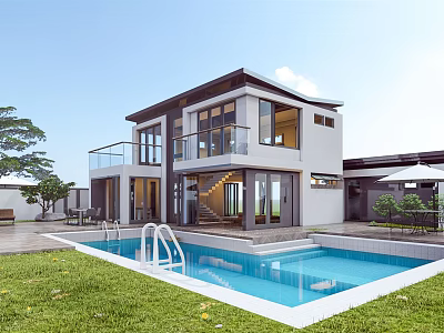 Modern Style Detached Villa with Swimming Pool Large Windows Balcony and Lawn 3d model