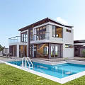 Modern Style Detached Villa with Swimming Pool Large Windows Balcony and Lawn