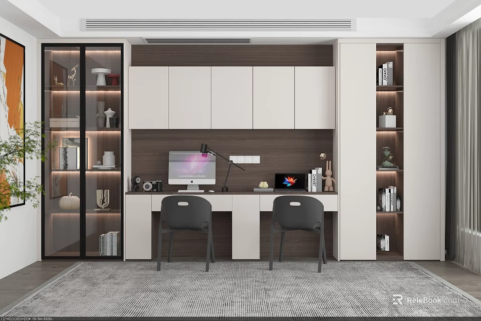 Modern Desk Interior Design With White Cabinets Two Black Chairs And Table Lamp 3d model 