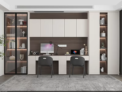 Modern Desk Interior Design With White Cabinets Two Black Chairs And Table Lamp 3d model
