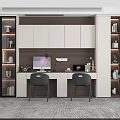 Modern Desk Interior Design With White Cabinets Two Black Chairs And Table Lamp