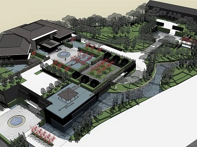 Modern Sales Office Building Architectural Design With Courtyard Greenery And Water Features 3d model