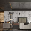 Modern Dining Living Room Interior With Dark Flooring Wooden Cabinets And Grid Partition